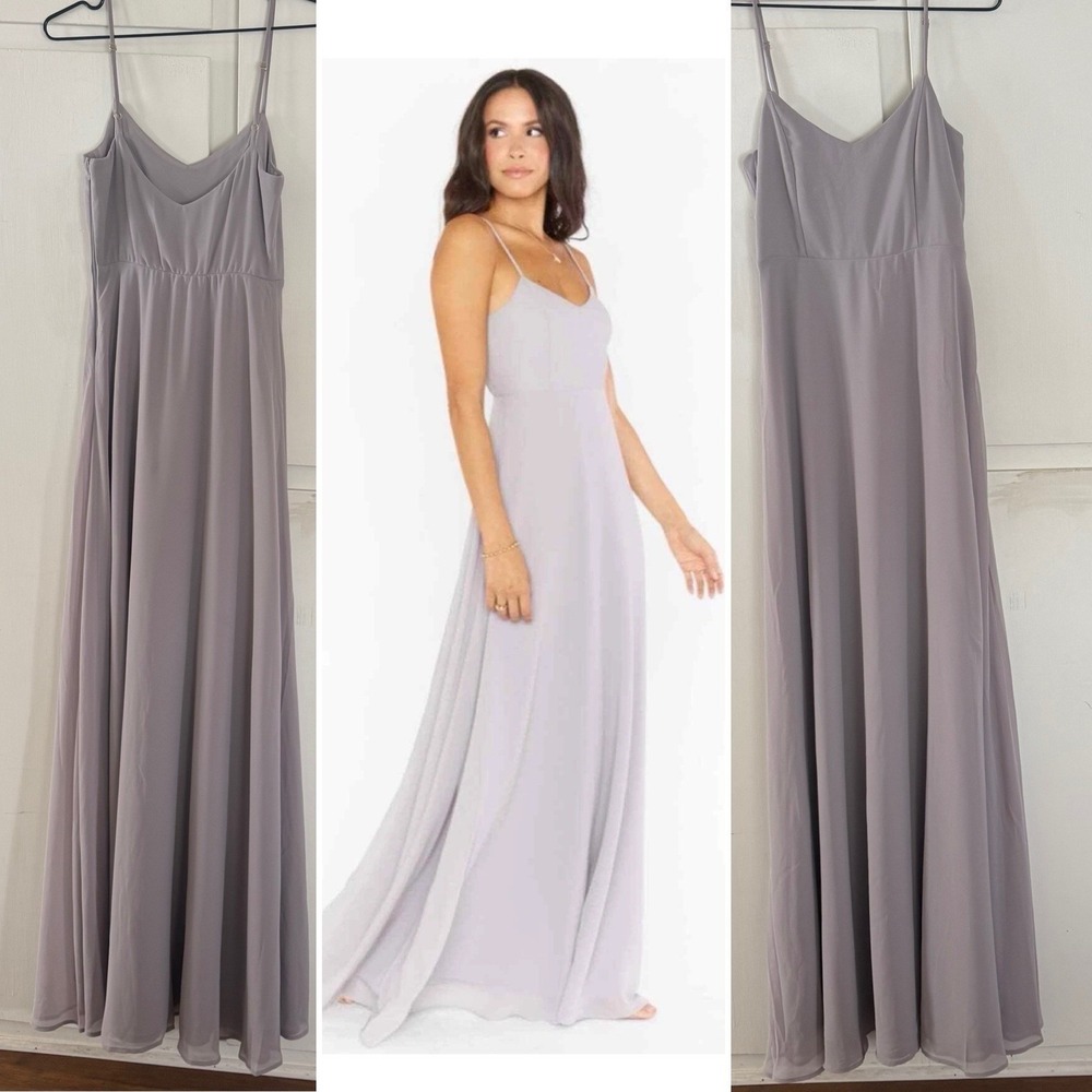 Show me your Mumu Faith Maxi Dress XS Dove Grey Chiffon Wedding Bridesmaid Strap